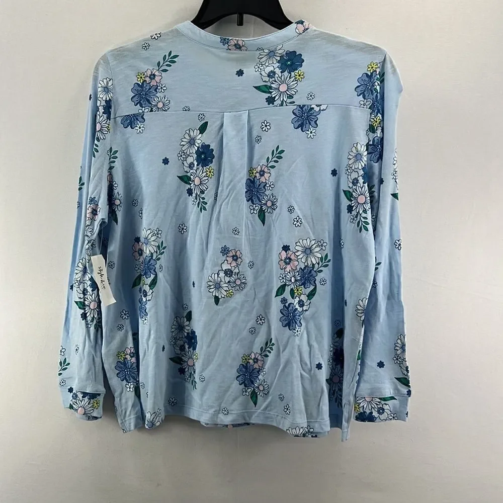 Style & Co Floral Henley Long Sleeve Knit Top- Retro Blue- Plus Size 0X- NWT - Picture 4 of 6